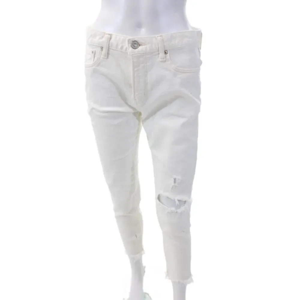 Moussy Womens Zipper Fly High Rise Distressed Fringe Skinny Jeans White Size 28